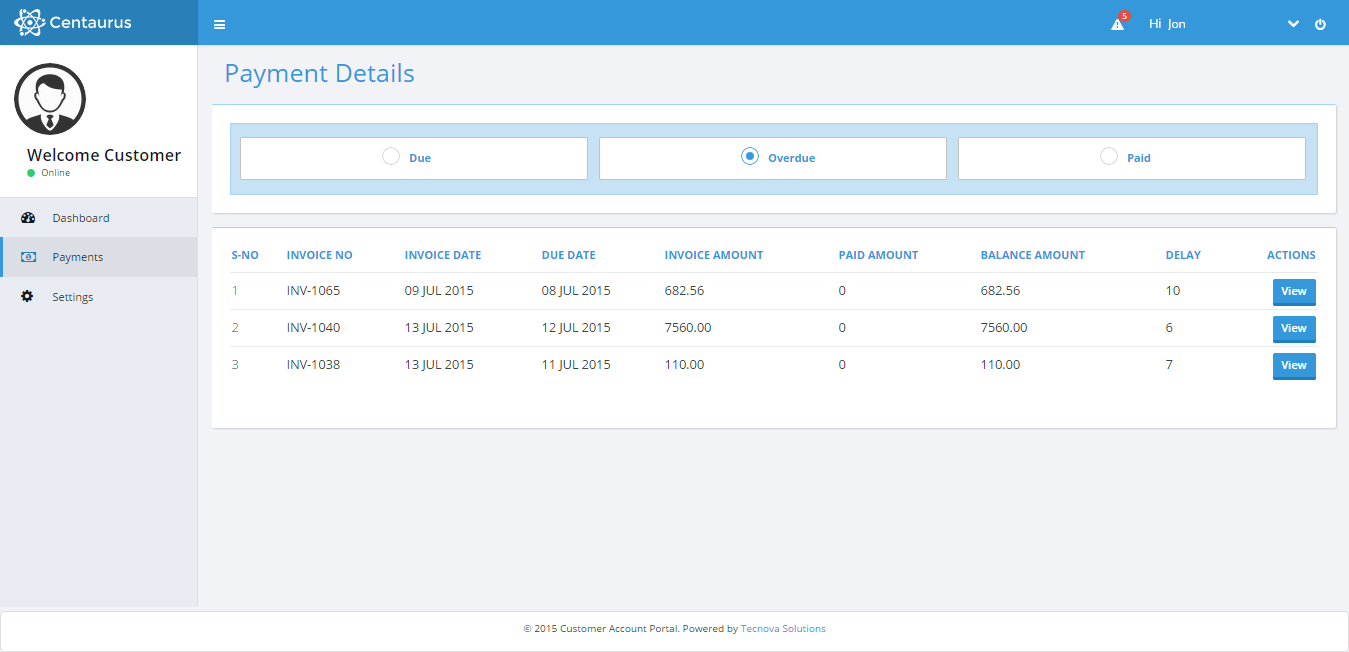 Customer Account Portal Payments Screen